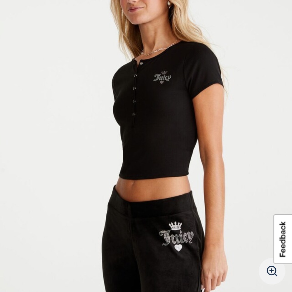 Juicy Couture X Aeropostale Black Short Sleeve Henley Crop Top